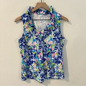 Beach Time Size S Vibrant Multicolor Abstract Floral Print Ruffle Split Neck Top